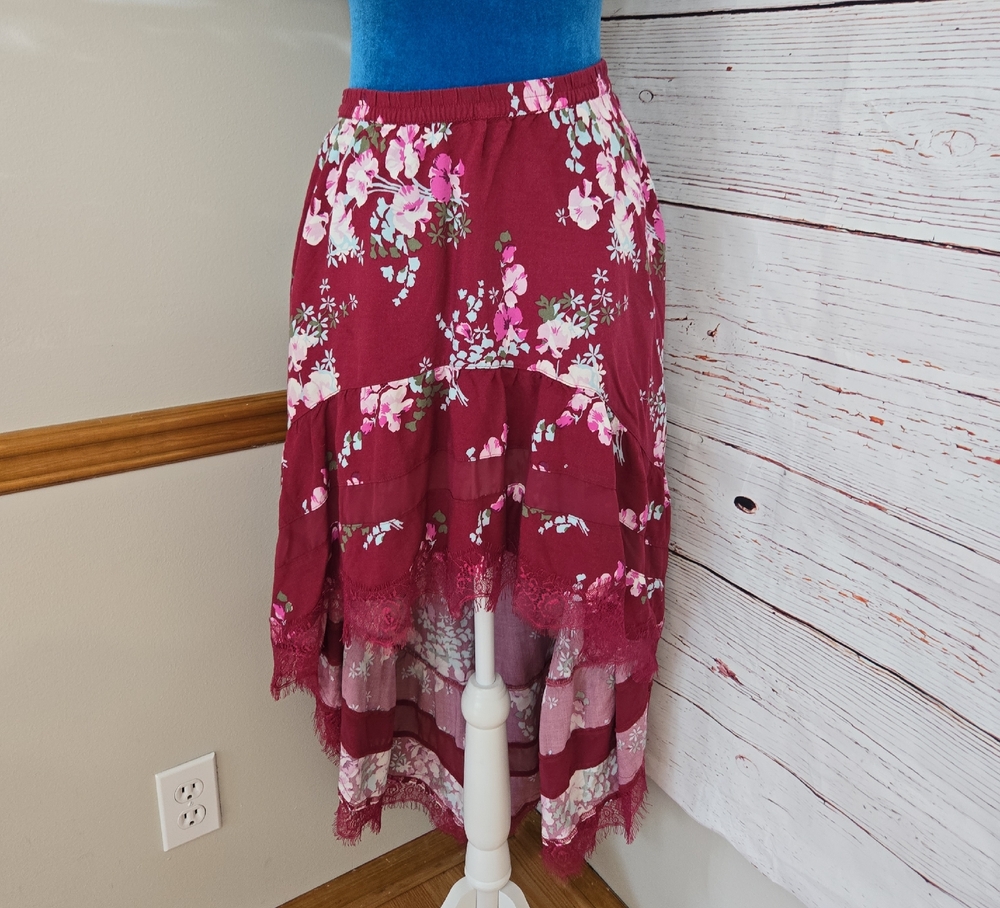 Express Womens Floral Print Magsnta Eyelet Lace Hi-low Maxi Skirt Size S